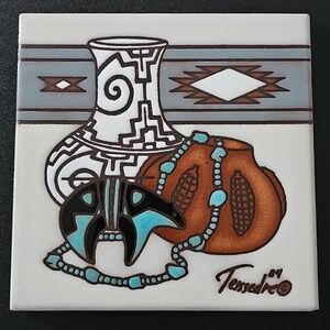 Vintage Signed Artist Cleo Teissedre Ceramic Tile w/ Southwestern Design 6" x 6"
